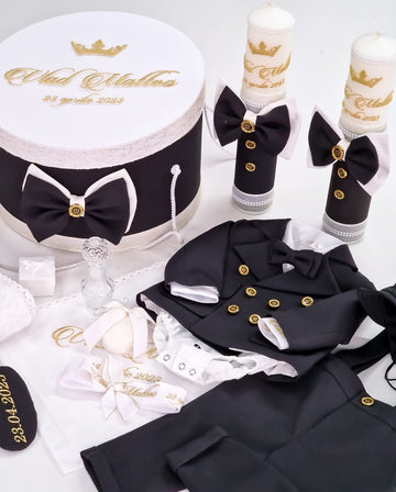 Set complet botez băieți Royal Black - Costum botez + Trusou + Lumanare