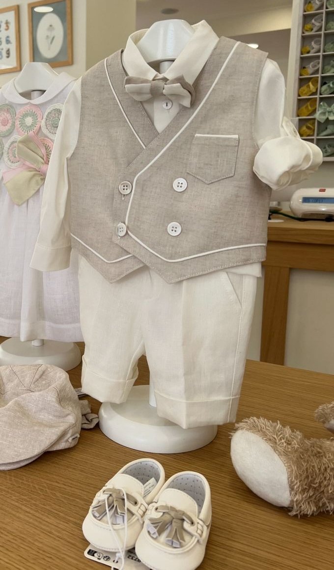 Costumaș botez pentru băieți Enzo Beige Lino Touch