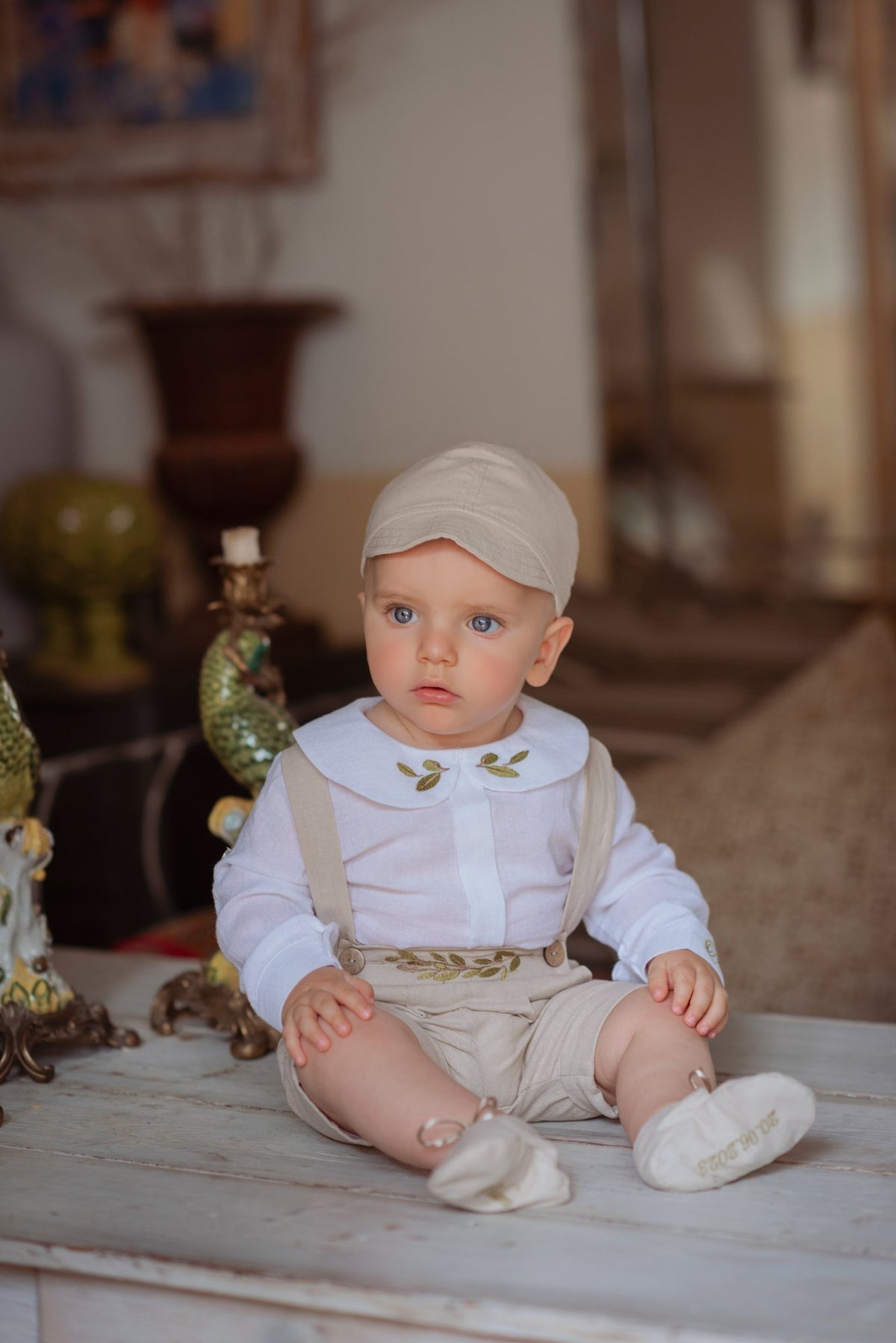 Costumaș botez pentru băieți Oliver Beige Lino Touch