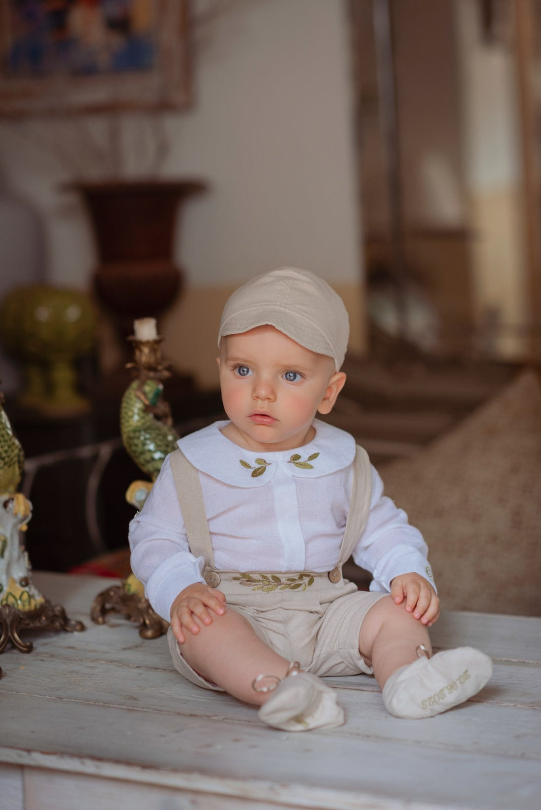 Costumaș botez pentru băieți Oliver Beige Lino Touch