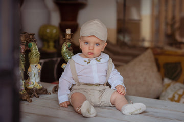 Costumaș botez pentru băieți Oliver Beige Lino Touch