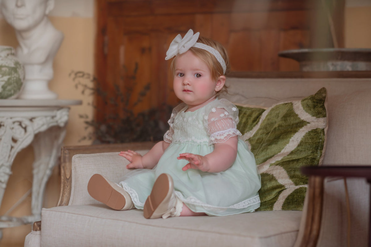 Rochiță verde menta botez Camille