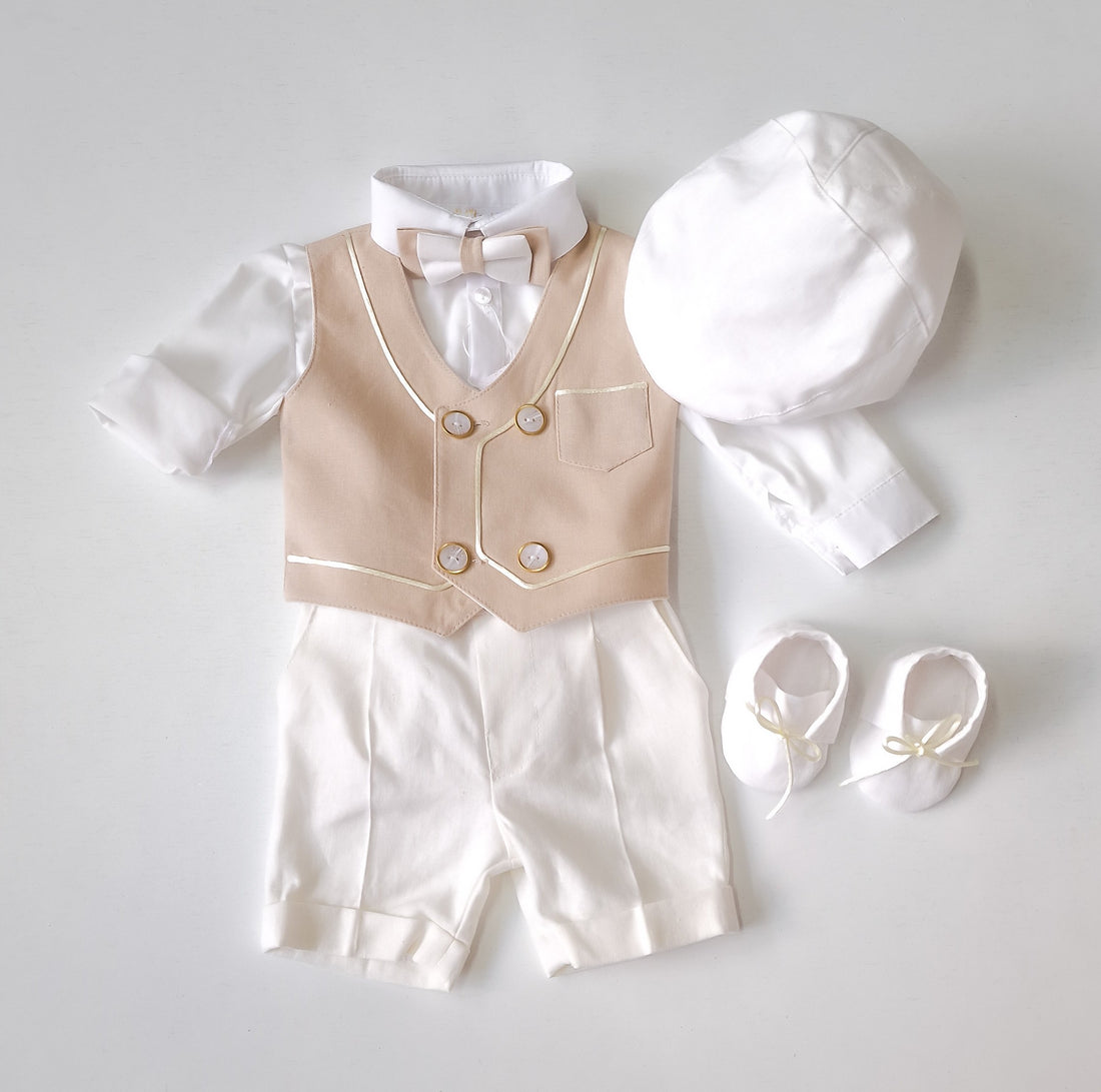 Costumaș botez pentru băieți Enzo Beige Lino Touch