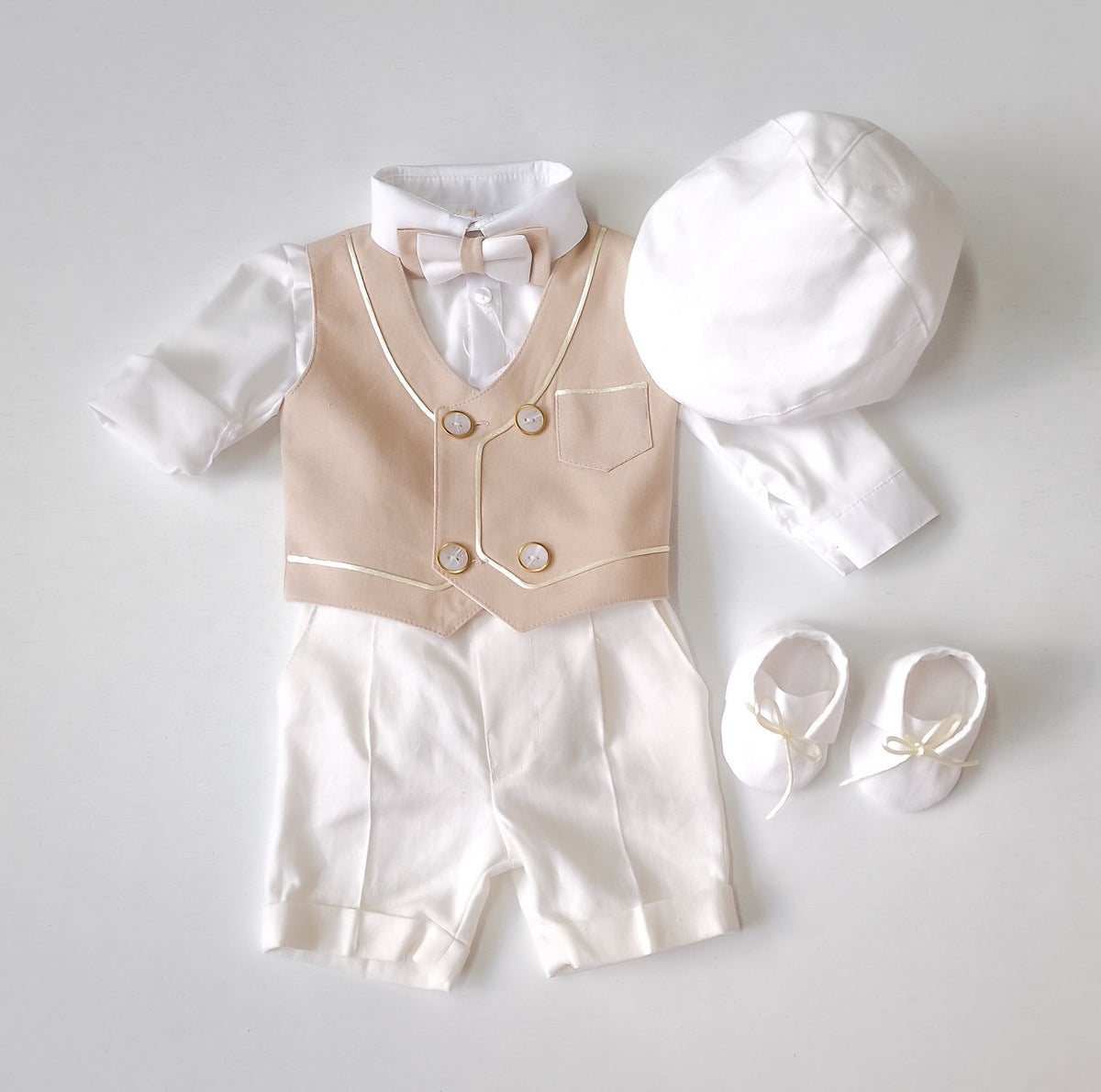 Costumaș botez pentru băieți Enzo Beige Lino Touch