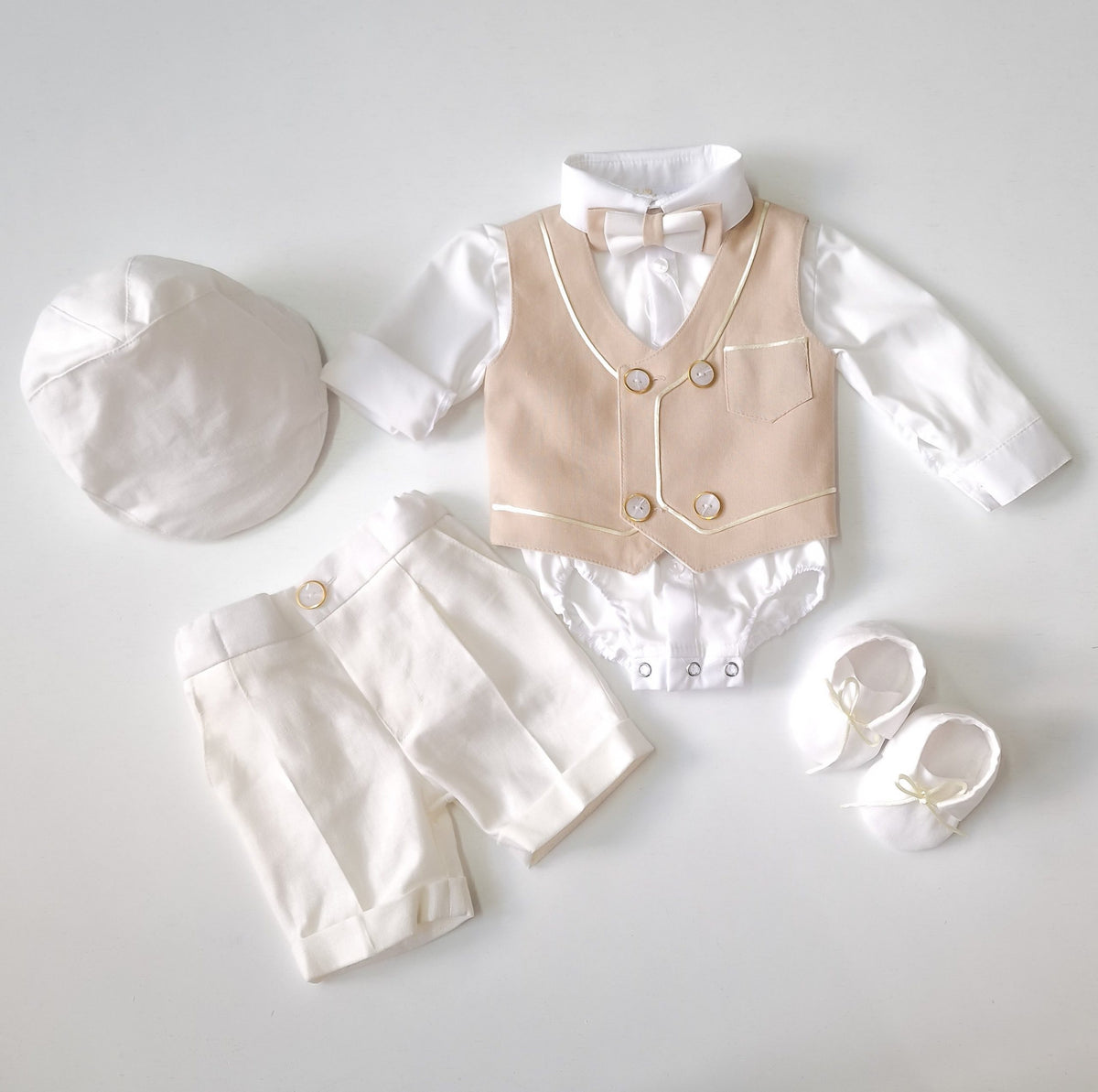 Costumaș botez pentru băieți Enzo Beige Lino Touch