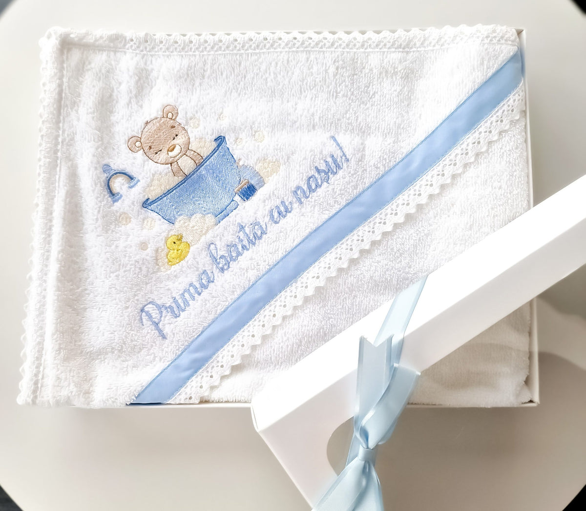 Prosop cu capișon personalizat pentru băieți "Prima baița cu nașii!" -Blue