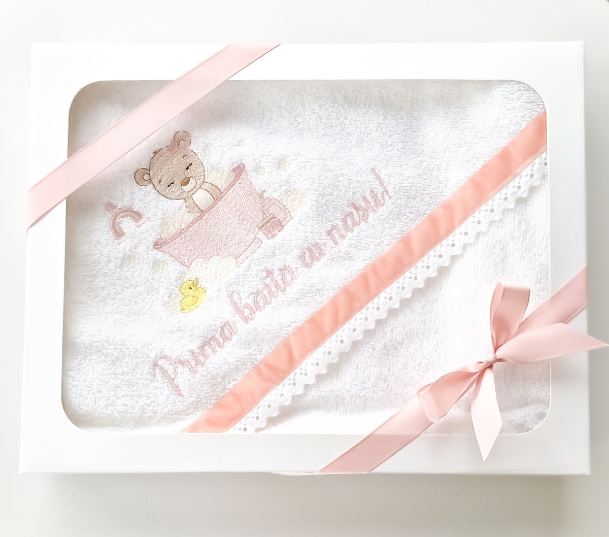 Prosop cu capișon personalizat pentru fetițe "Prima baița cu nașii!" -Pouder