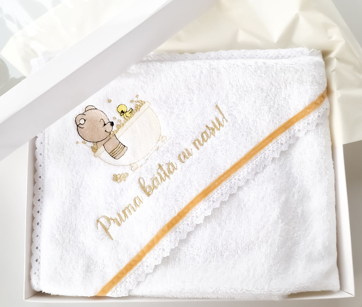 Prosop cu capișon personalizat pentru băieți "Prima baița cu nașii!" -Gold