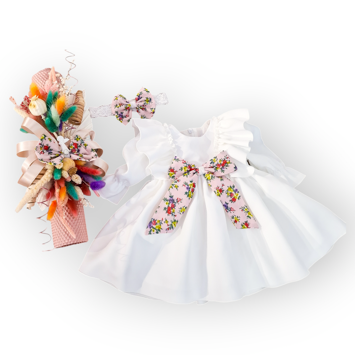 Rochiță ivoire botez cu funda multicolora -Barbi