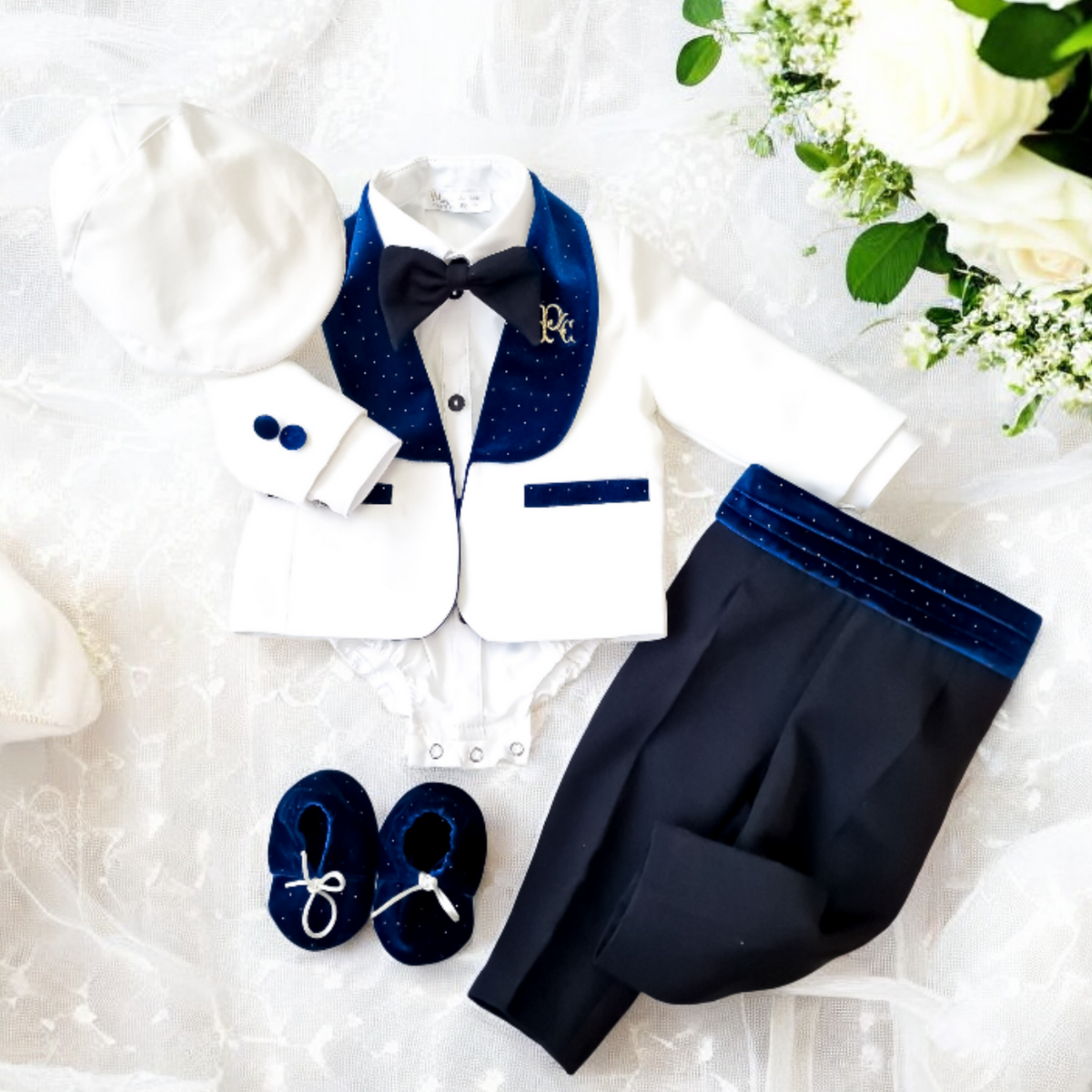 Costumaș botez pentru băieți Luxurious Velveth Touch Blue