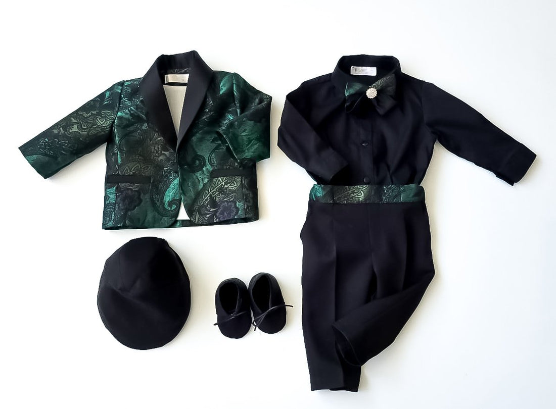 Costumaș botez pentru băieți Luxurious Brocade Chameleon