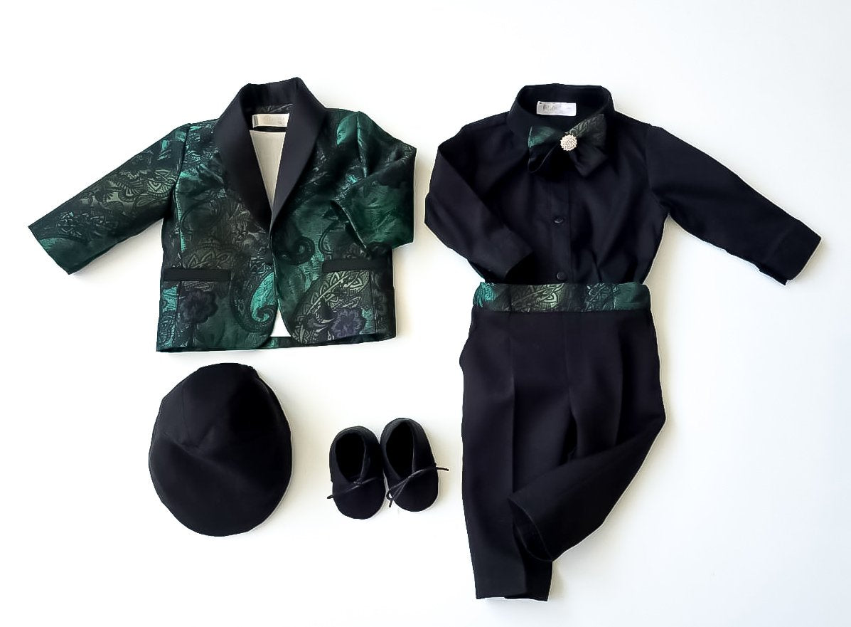 Costumaș botez pentru băieți Luxurious Brocade Chameleon