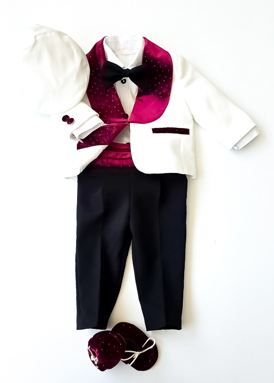 Costumaș botez pentru băieți Luxurious Velvet Touch Burgundy