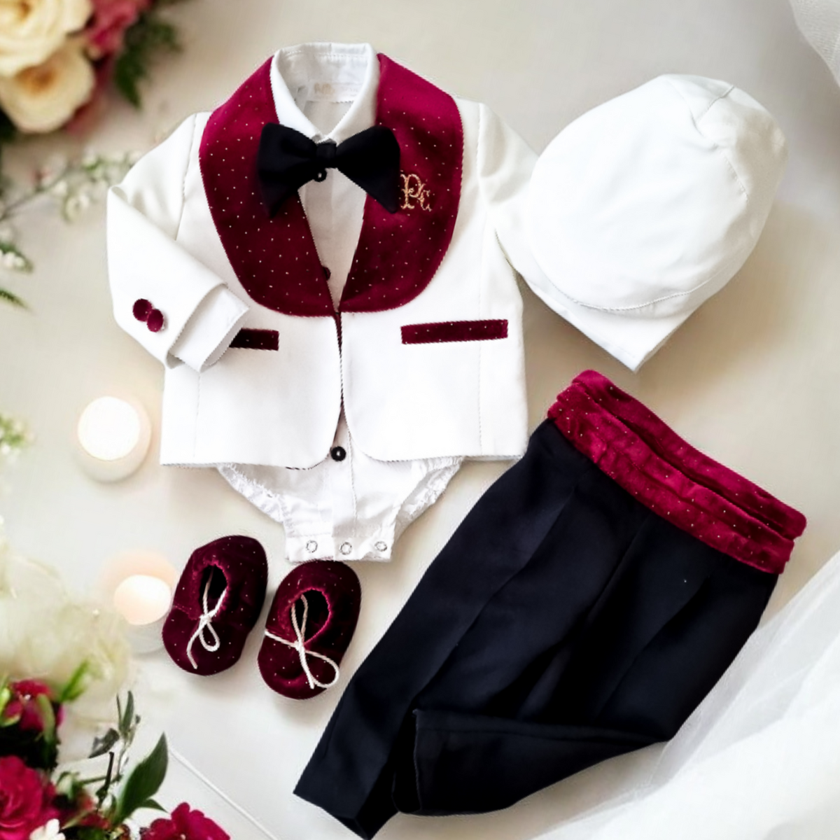 Costumaș botez pentru băieți Luxurious Velvet Touch Burgundy