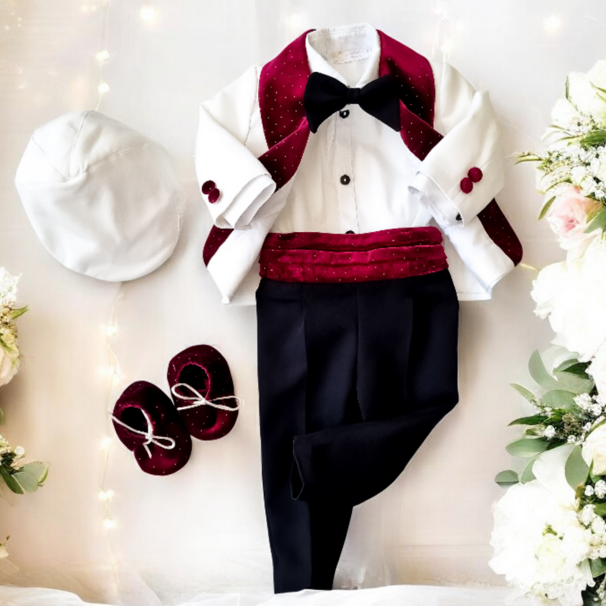 Costumaș botez pentru băieți Luxurious Velvet Touch Burgundy