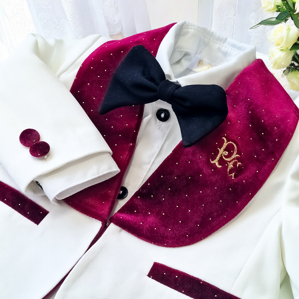 Costumaș botez pentru băieți Luxurious Velvet Touch Burgundy