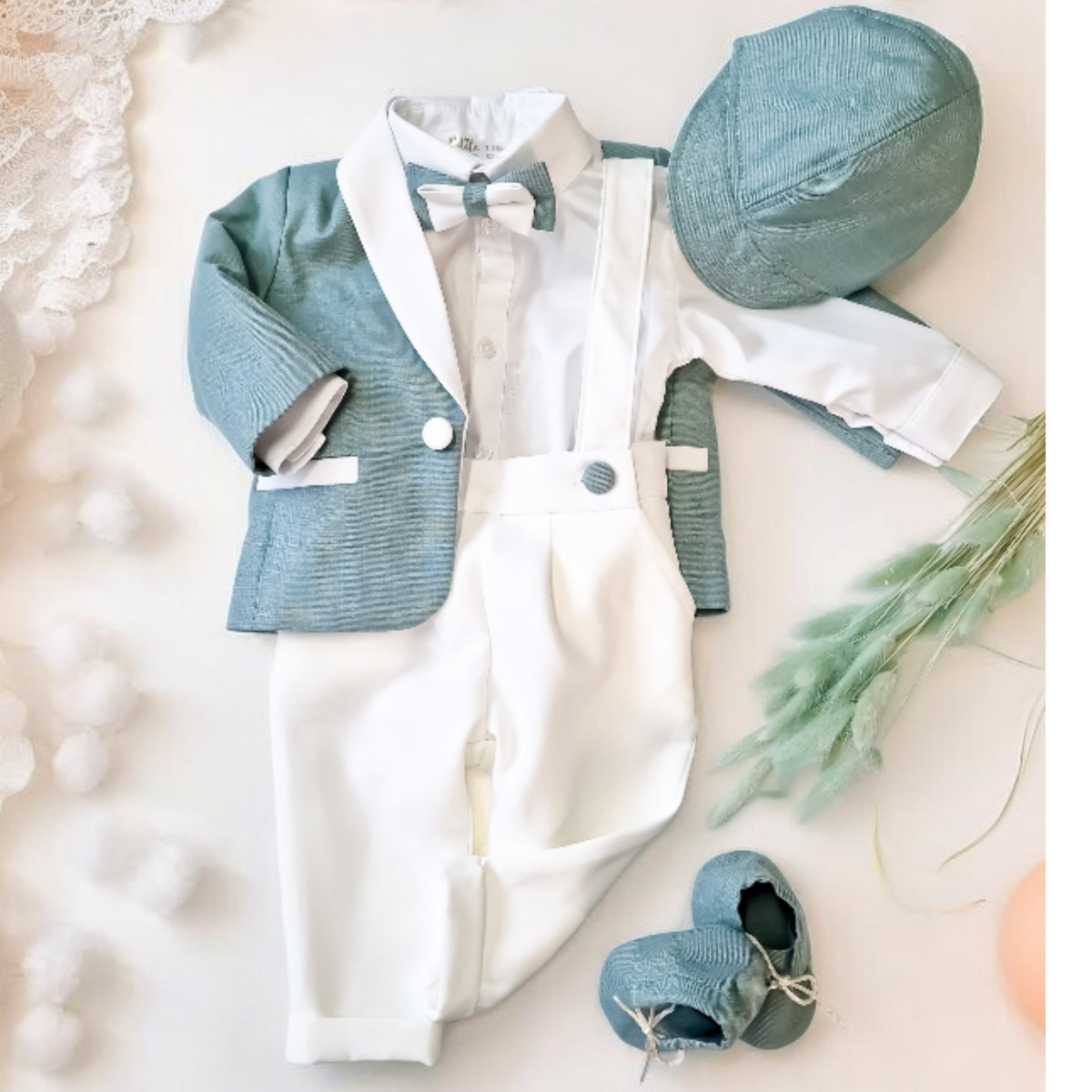 Costumaș botez pentru băieți Sabin Two Colors- Verde Olive/Alb