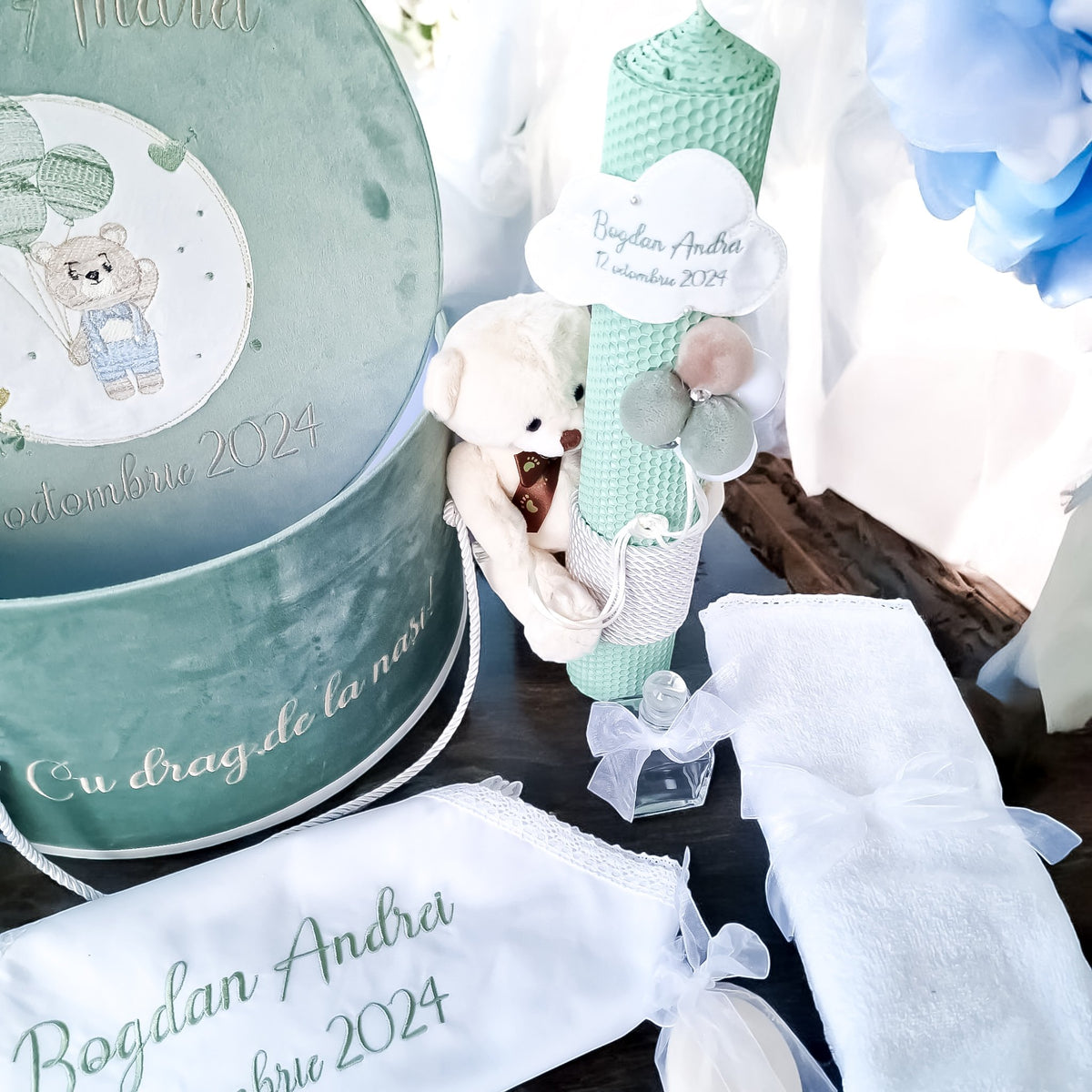Lumânare Botez  Fagure Natural decorata cu Ursuletul cu Baloane