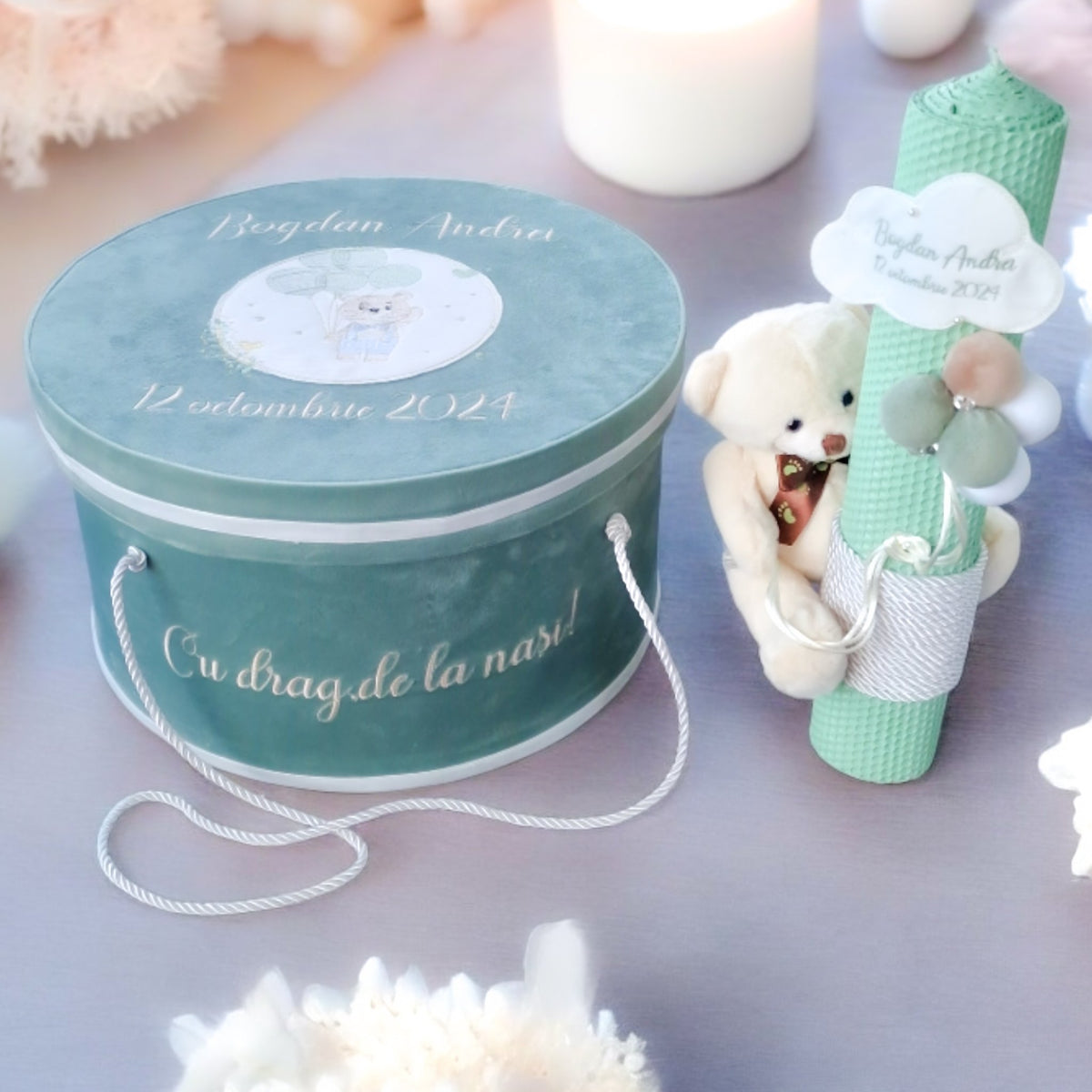 Lumânare Botez  Fagure Natural decorata cu Ursuletul cu Baloane