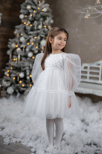Rochie Alba Festivă de Crăciun pentru Fetițe –Steluța Magica