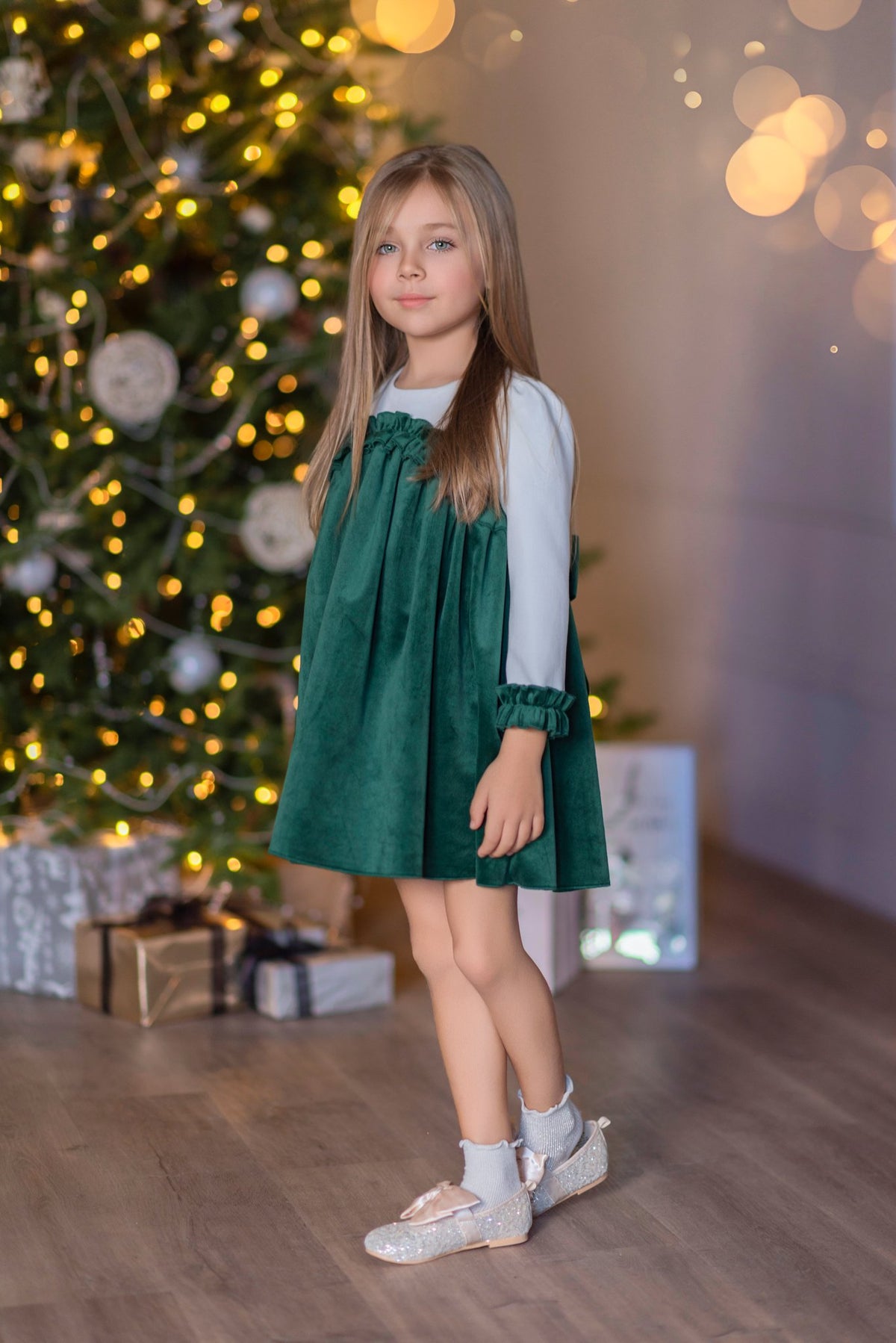 Rochie de Catifea Verde Smarald pentru Fetițe
