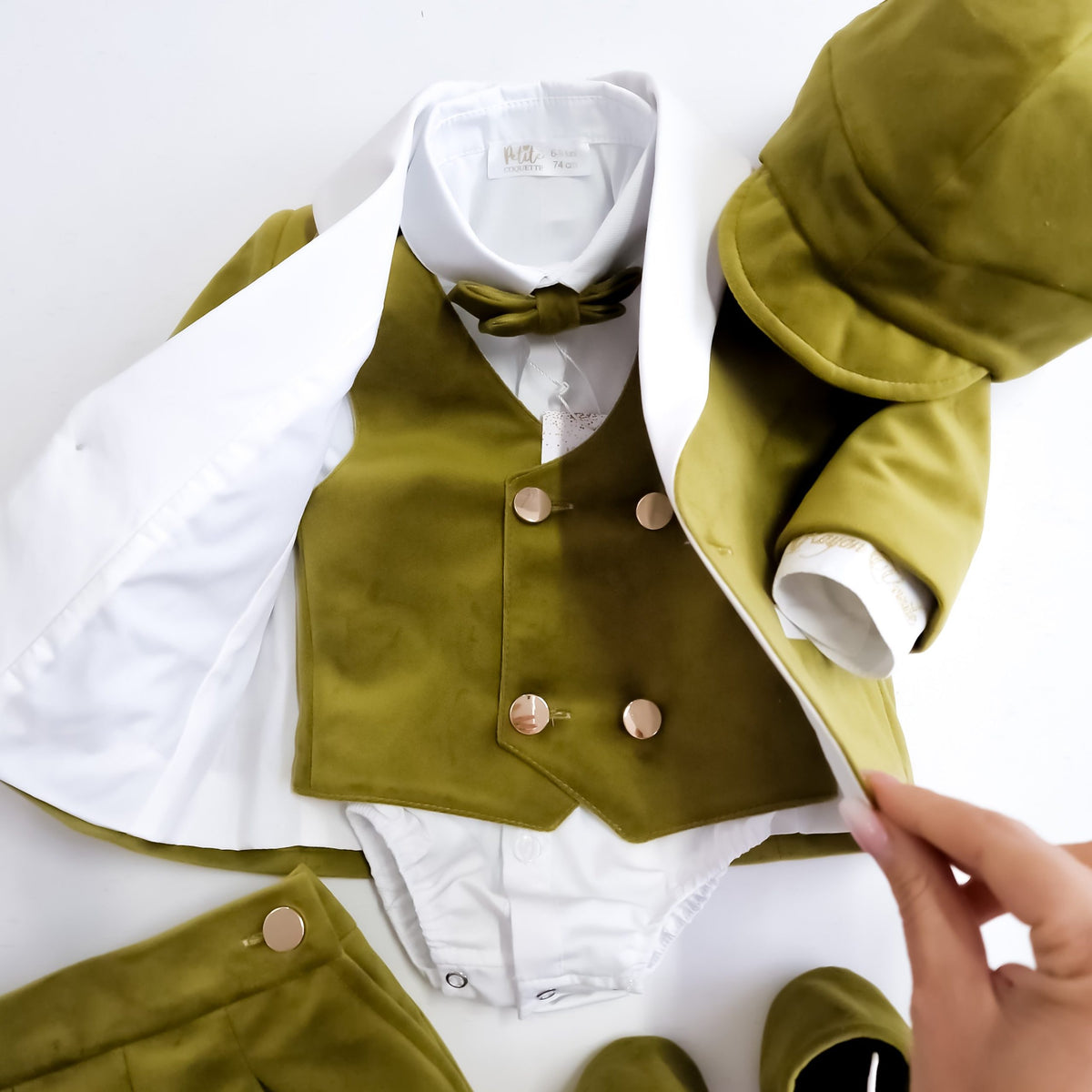 Costumaș botez pentru băieți Verde Fistic - Sabin Velvet Touch