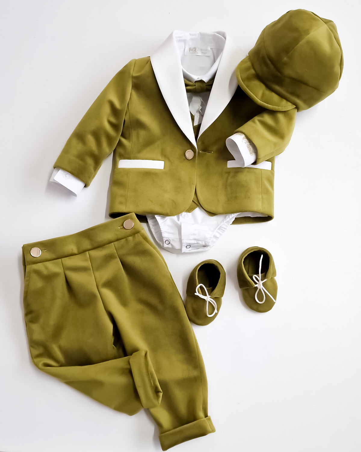 Costumaș botez pentru băieți Verde Fistic - Sabin Velvet Touch