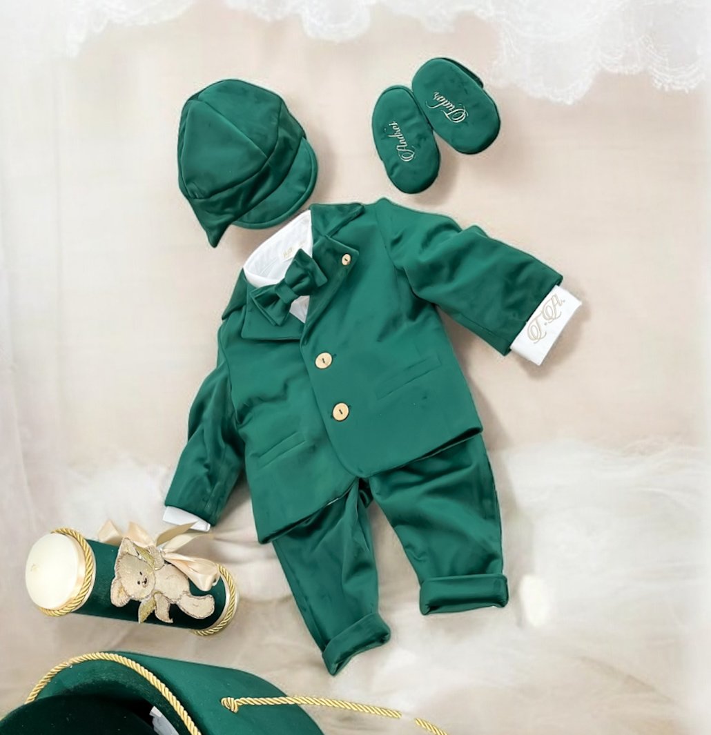 Set complet botez băieți Vintage Angel Teddy Bear- Costum botez + Trusou + Lumanare