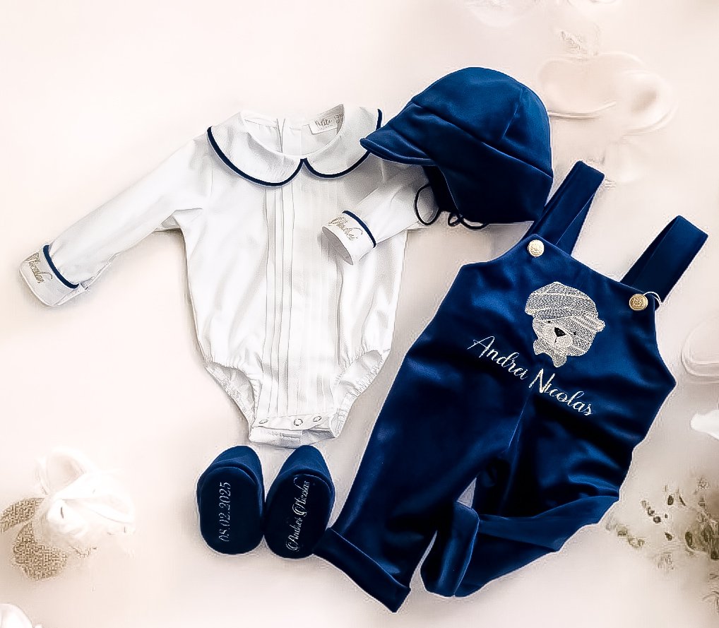 Costumas cu salopeta  botez pentru băieți Mirco Velvet Bear Navy