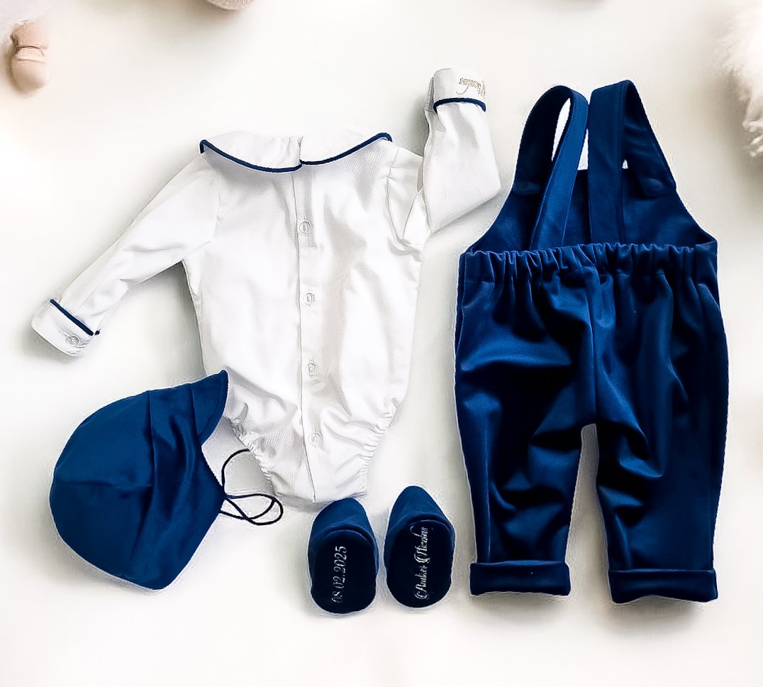 Costumas cu salopeta  botez pentru băieți Mirco Velvet Bear Navy