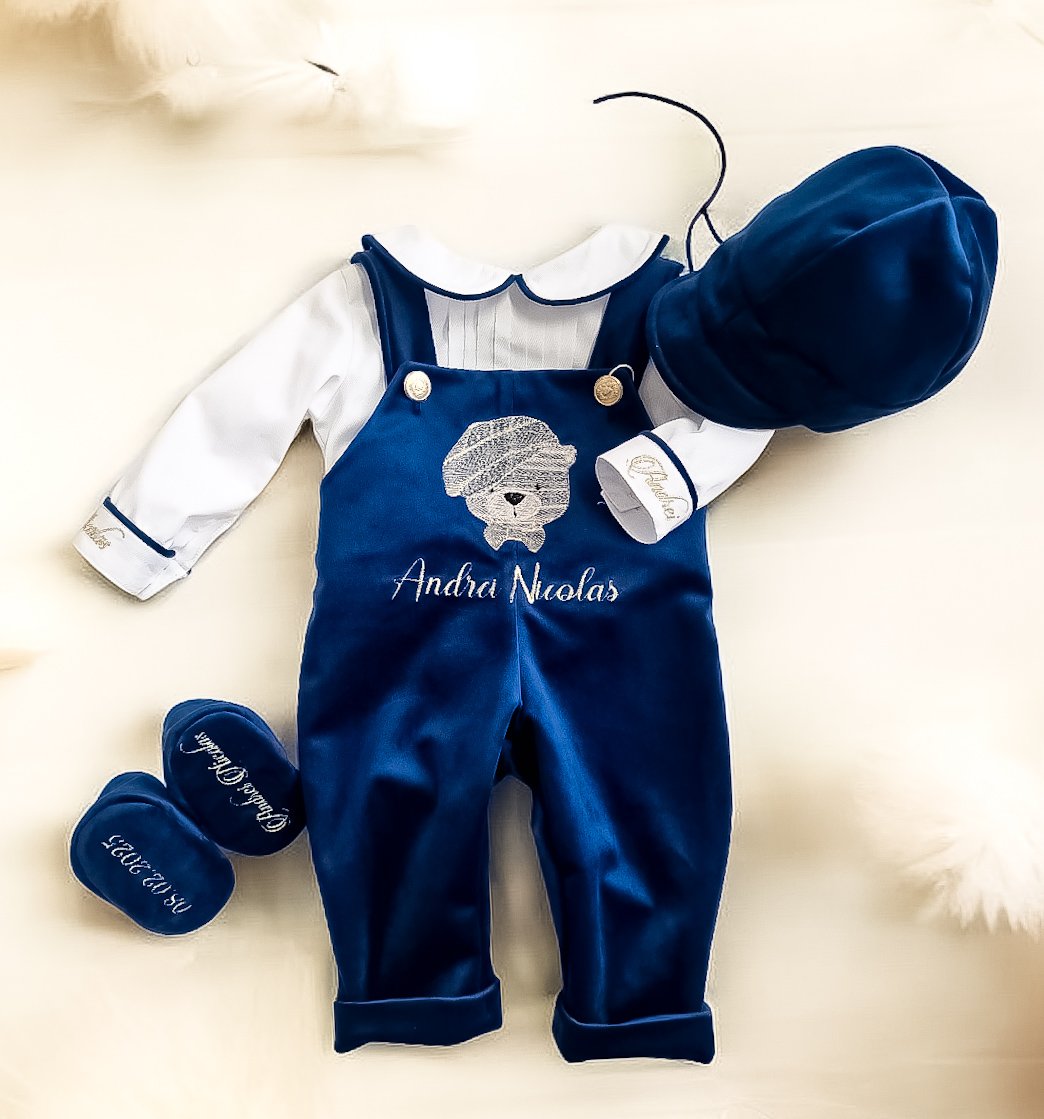 Costumas cu salopeta  botez pentru băieți Mirco Velvet Bear Navy