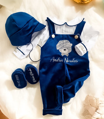 Costumas cu salopeta  botez pentru băieți Mirco Velvet Bear Navy