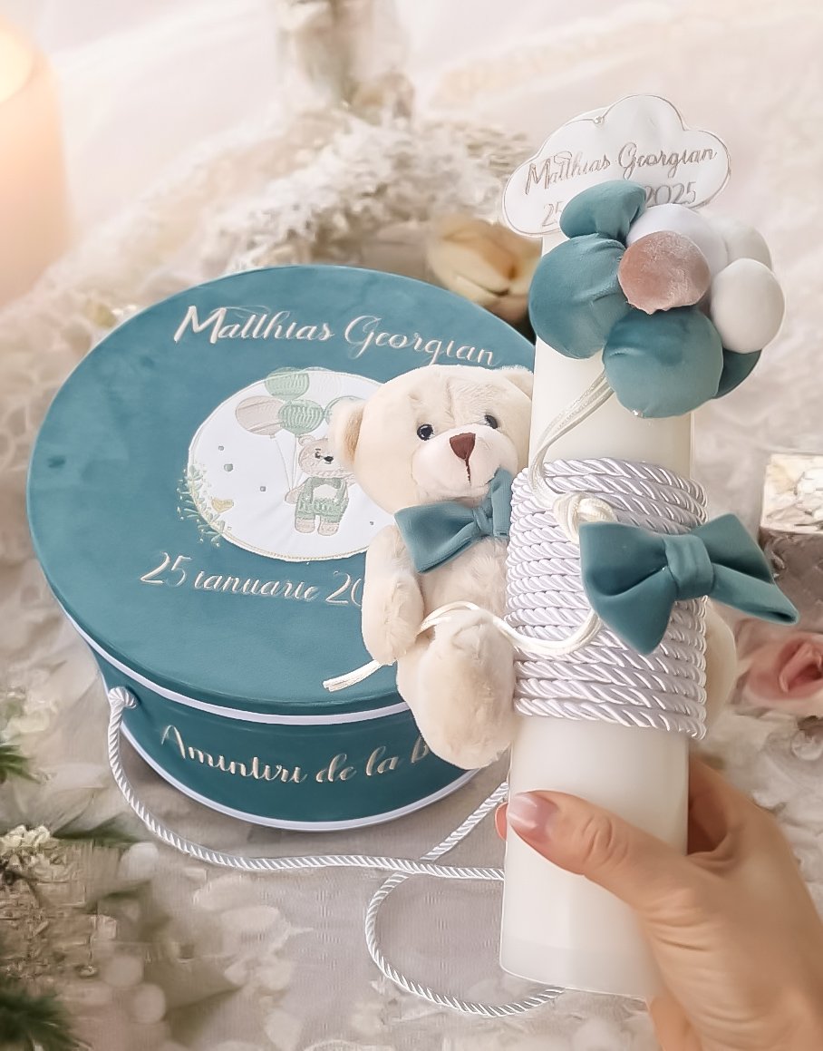 Set Botez Băieți Green Aqua Bear With Balloons