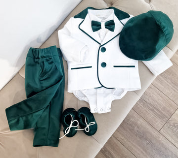 Costumaș botez pentru băieți alb / verde smarald Rafaelle -Private Collection Velvet Touch