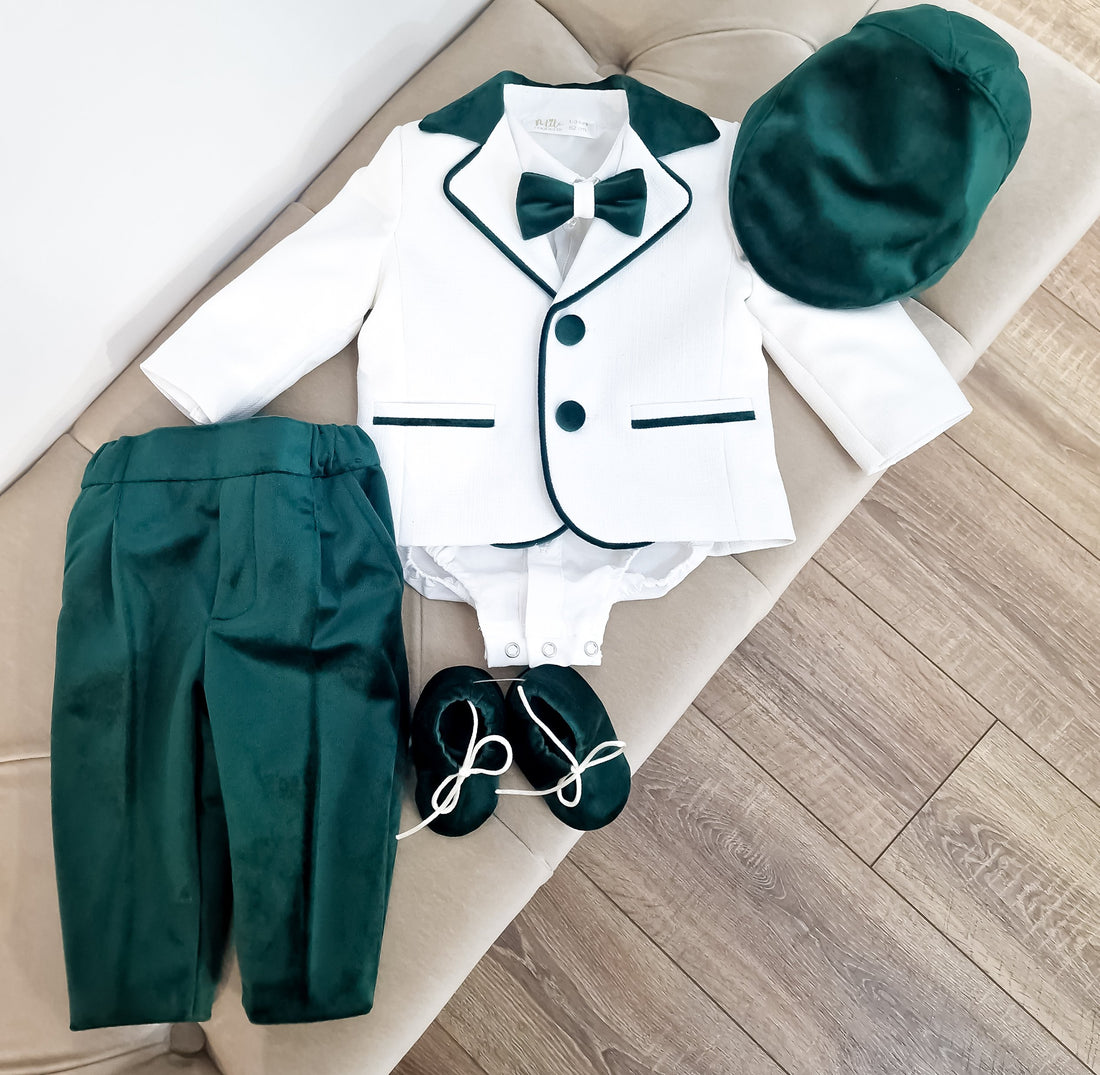 Costumaș botez pentru băieți alb / verde smarald Rafaelle -Private Collection Velvet Touch
