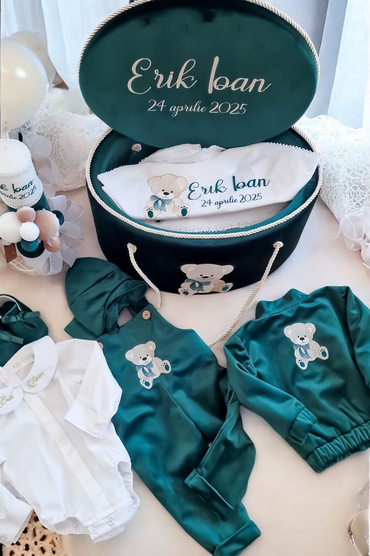 Costumaș botez pentru băieți Mark Green Velvet Bear