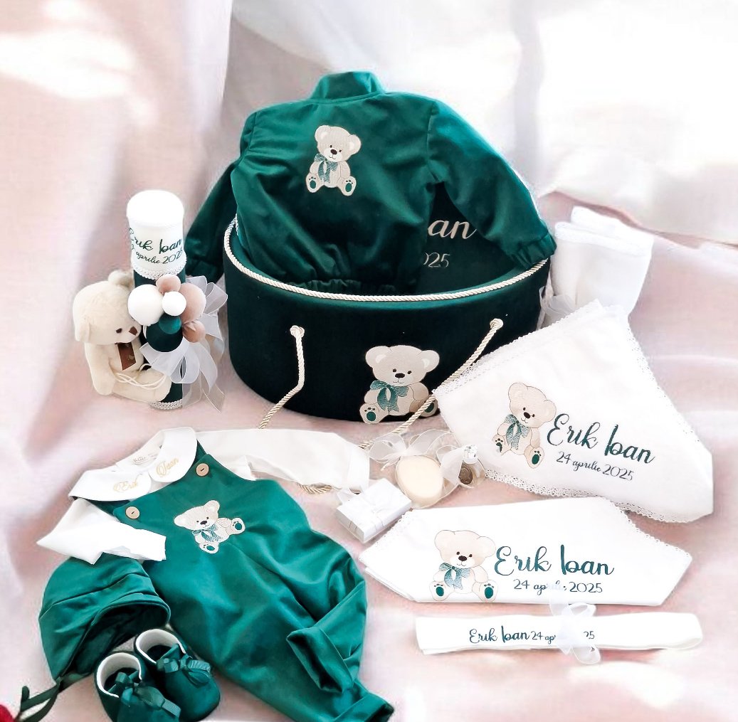 Set Botez Băieți Green Teddy Bear