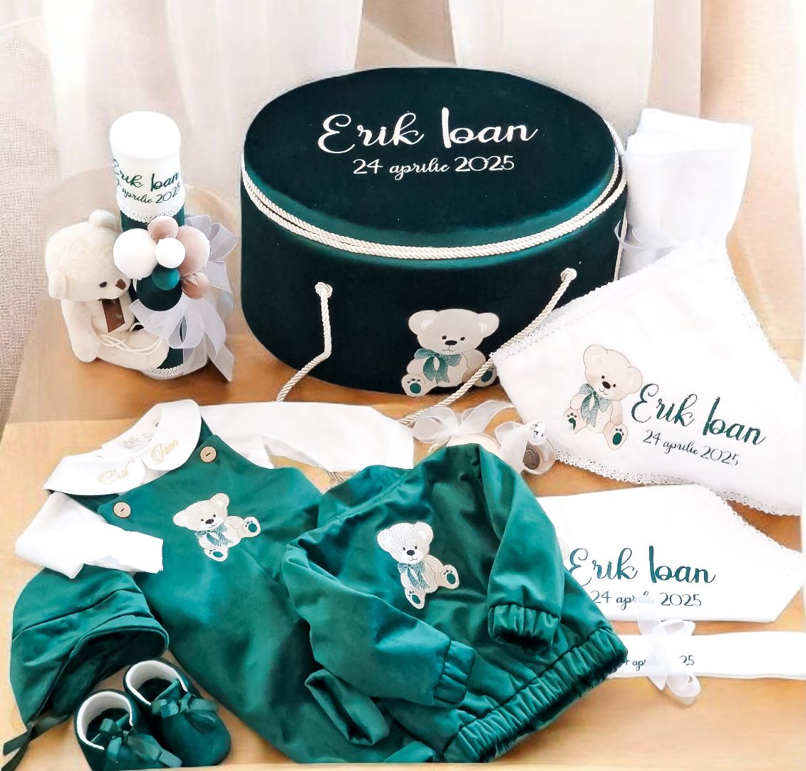 Set Botez Băieți Green Teddy Bear
