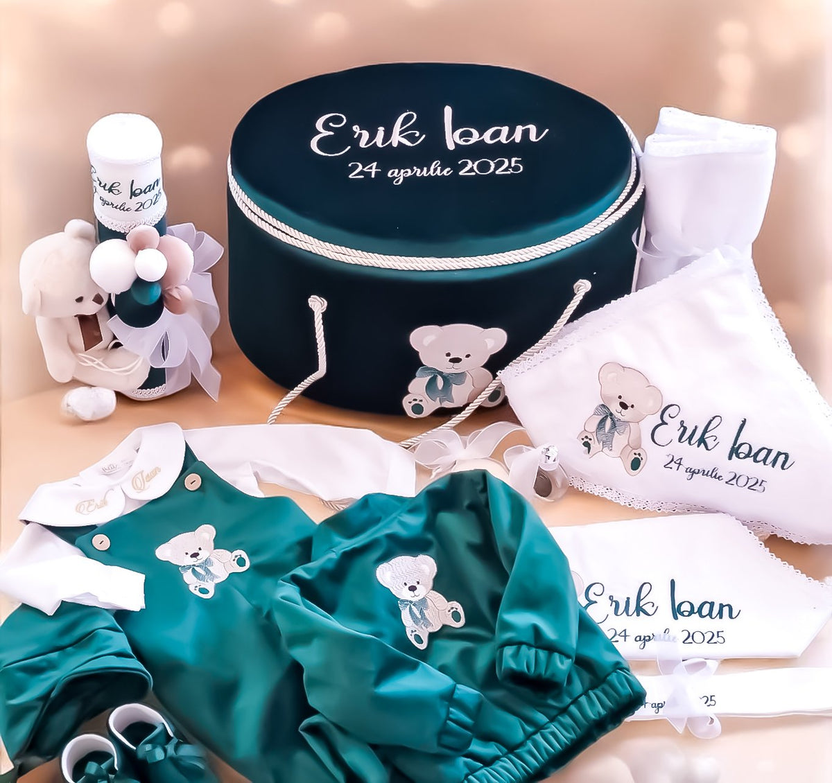 Costumaș botez pentru băieți Mark Green Velvet Bear