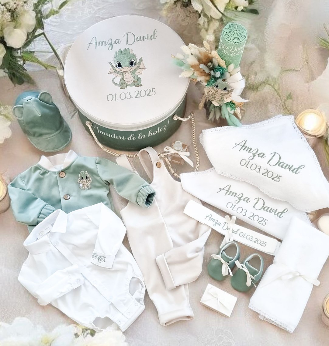 Set complet botez băieți -Costum botez + Trusou + Lumanare -Tematica Baby Dragon
