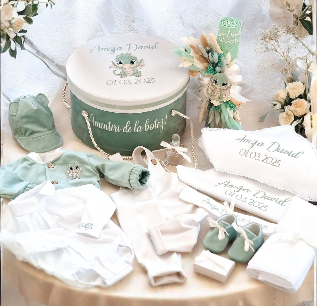 Set complet botez băieți -Costum botez + Trusou + Lumanare -Tematica Baby Dragon