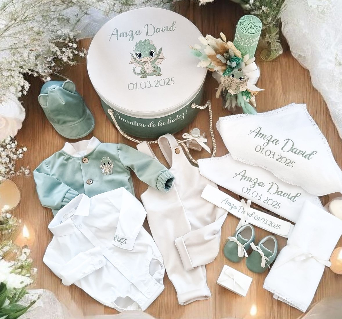 Set complet botez băieți -Costum botez + Trusou + Lumanare -Tematica Baby Dragon