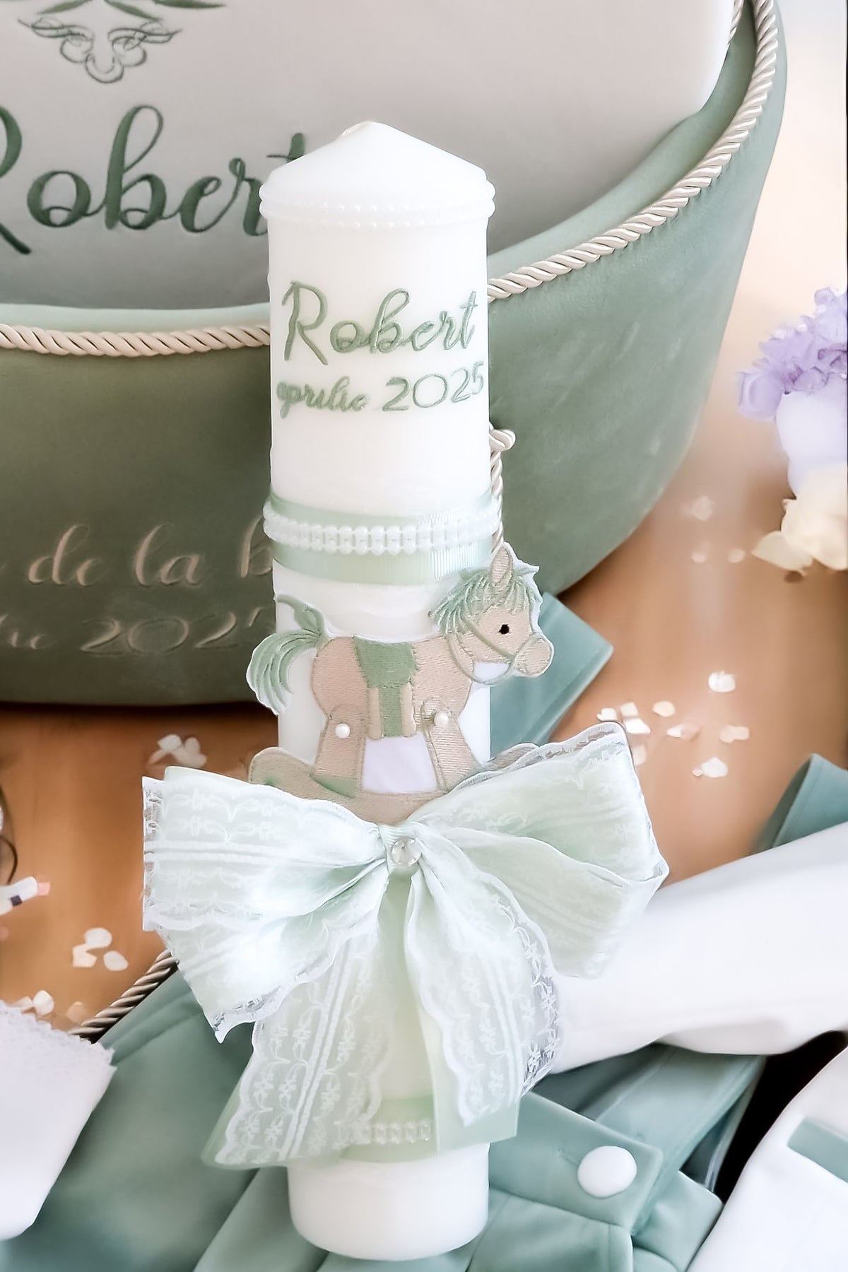 Set complet botez băieți Baby Horse- Costum botez + Trusou + Lumanare