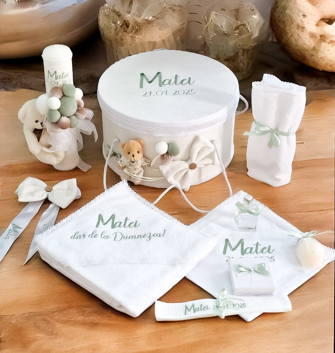 Trusou Botez Băieți Baby Bear 3D Verde Oliv/Bej/Ivoire
