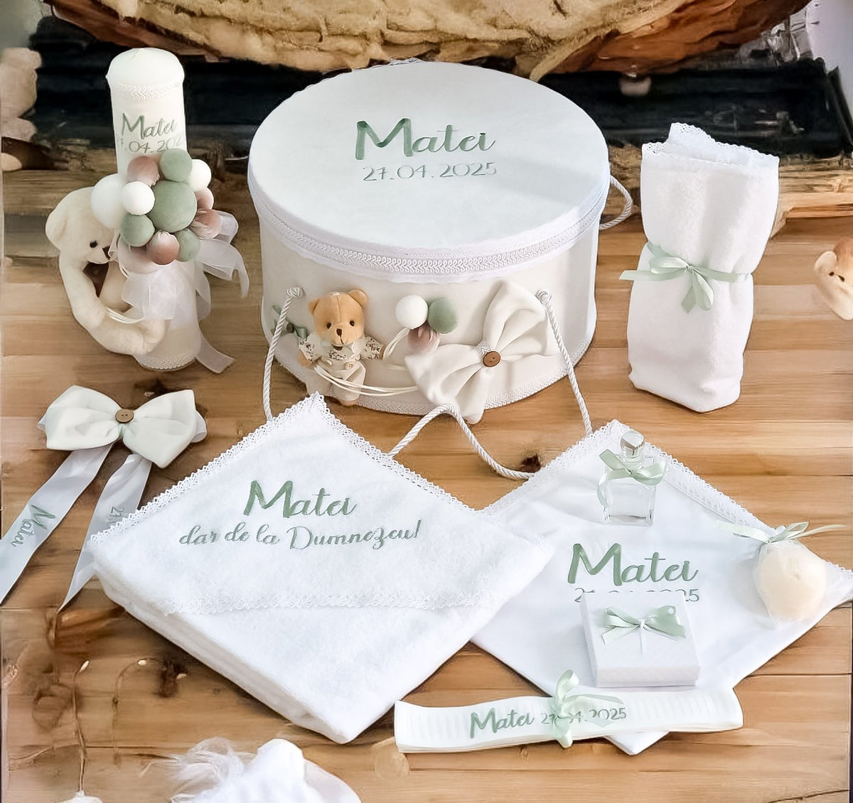 Trusou Botez Băieți Baby Bear 3D Verde Oliv/Bej/Ivoire