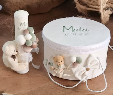 Lumanare Botez Teddy Bear With Balloons 3D Verde Oliv /Beige/Ivoire