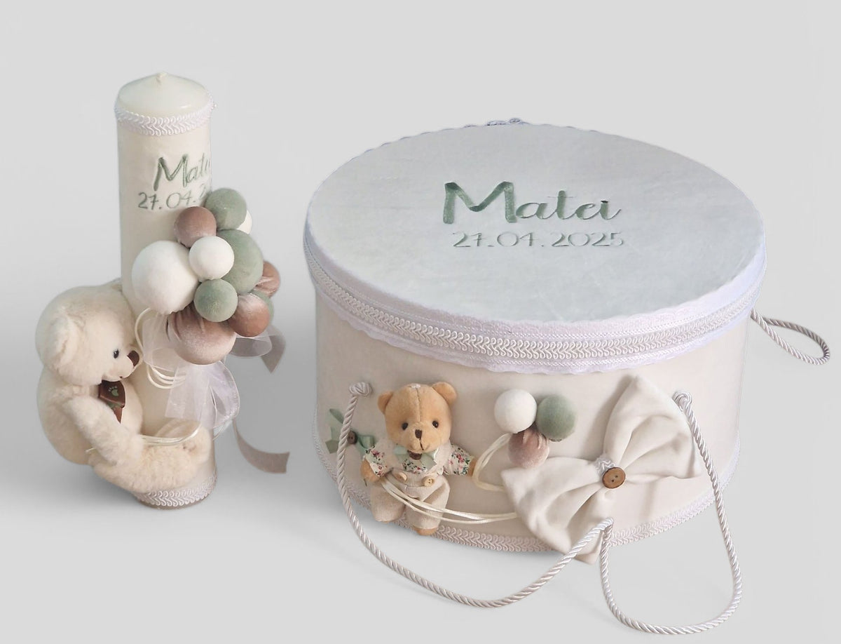 Lumanare Botez Teddy Bear With Balloons 3D Verde Oliv /Beige/Ivoire