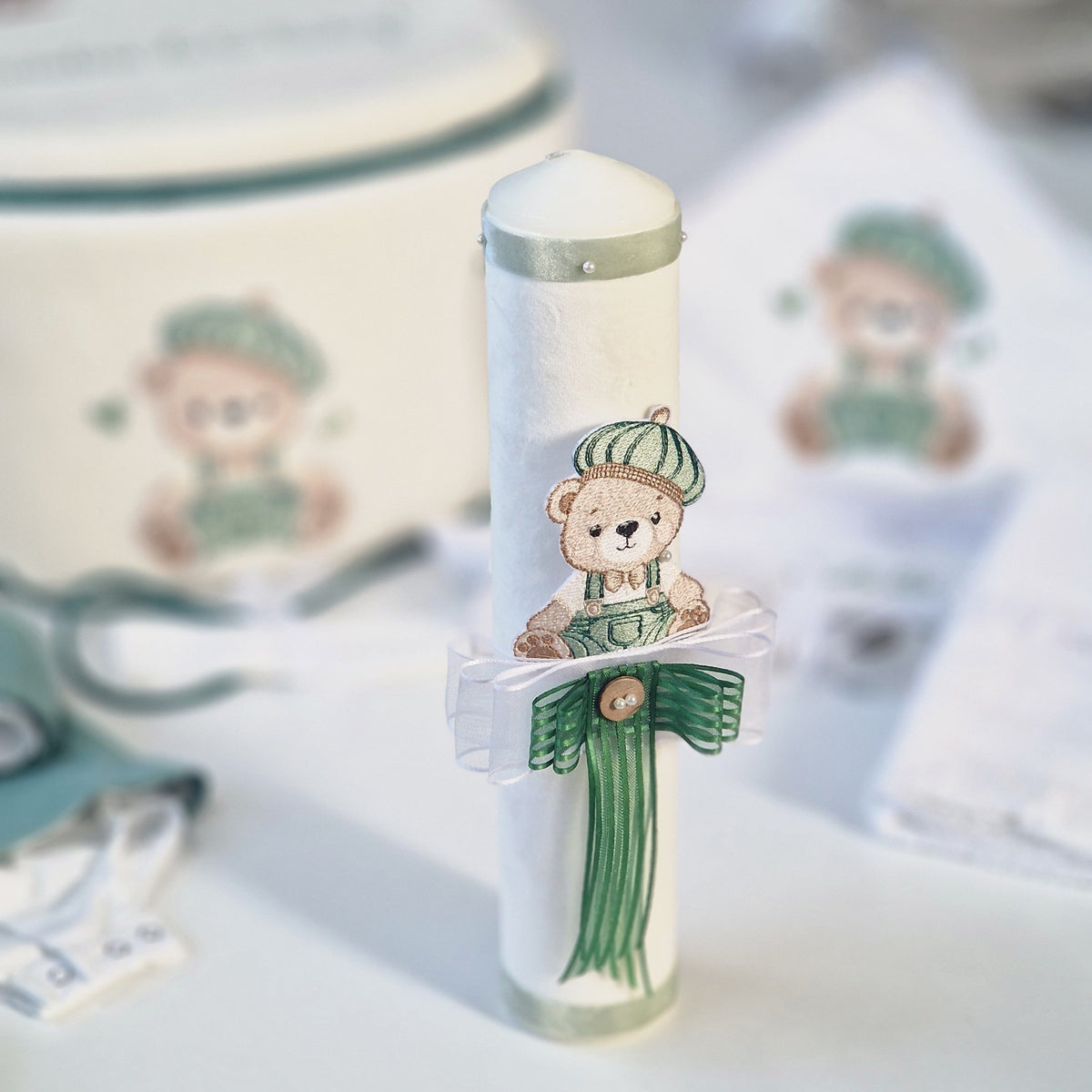 Set Botez Băieți Green Teddy Bear costum+trusou+lumamare