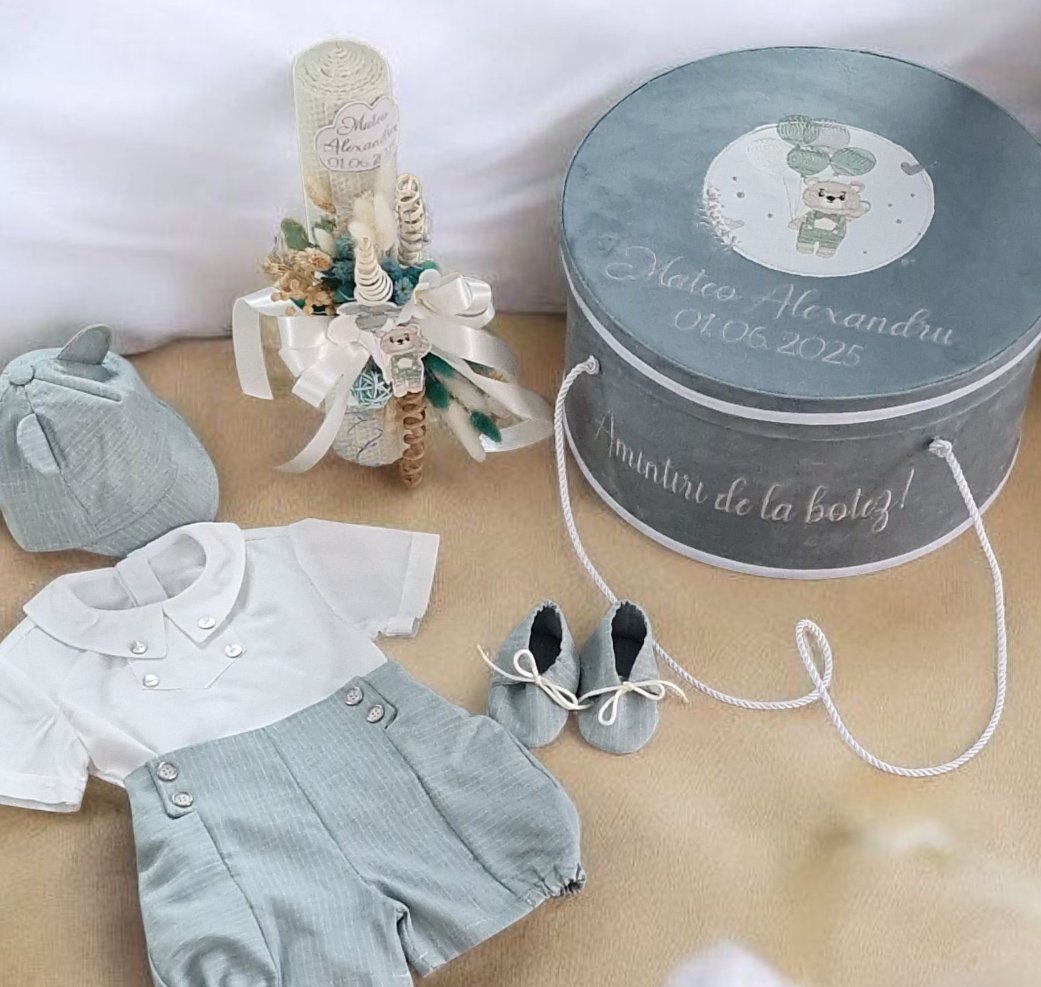 Set complet botez băieți de vară-Costum botez + Trusou + Lumanare - Ursulețul cu Baloane