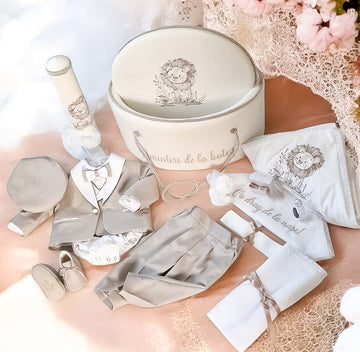 Set complet botez băieți Leu- Costum botez + Trusou + Lumanare